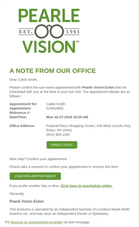 appointment reminder pearle vision