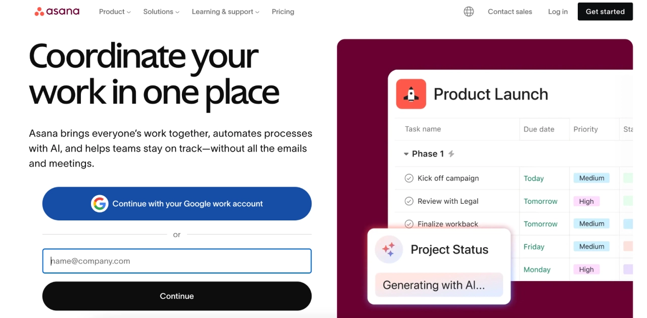asana homepage